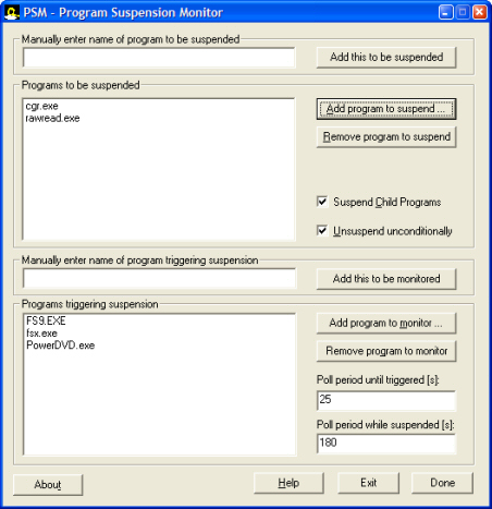 Processes Suspend Monitor Dialog